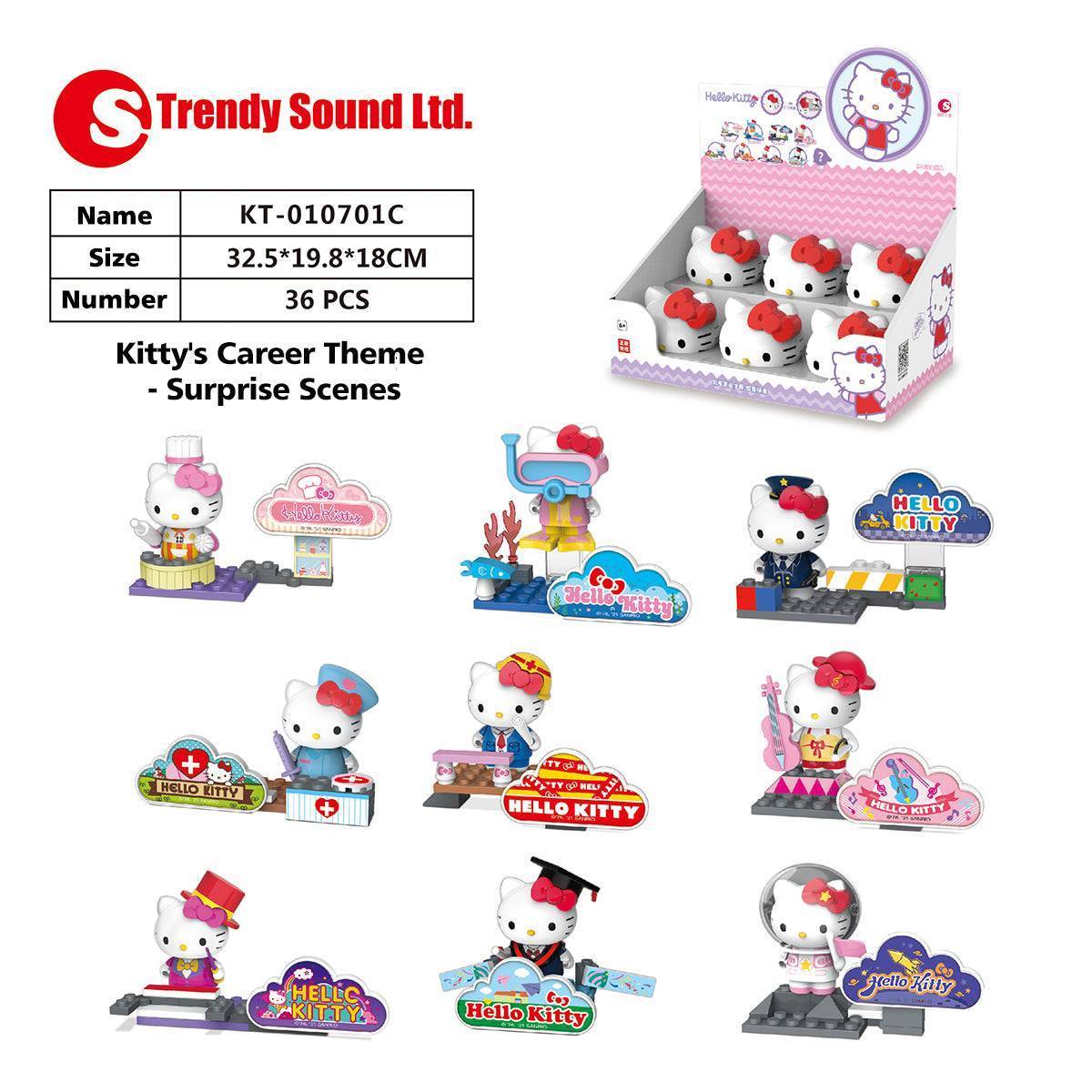 Product details of Hello Kitty Career Series Building Blocks Blind Box, showcasing different career-themed figurines and packaging information.