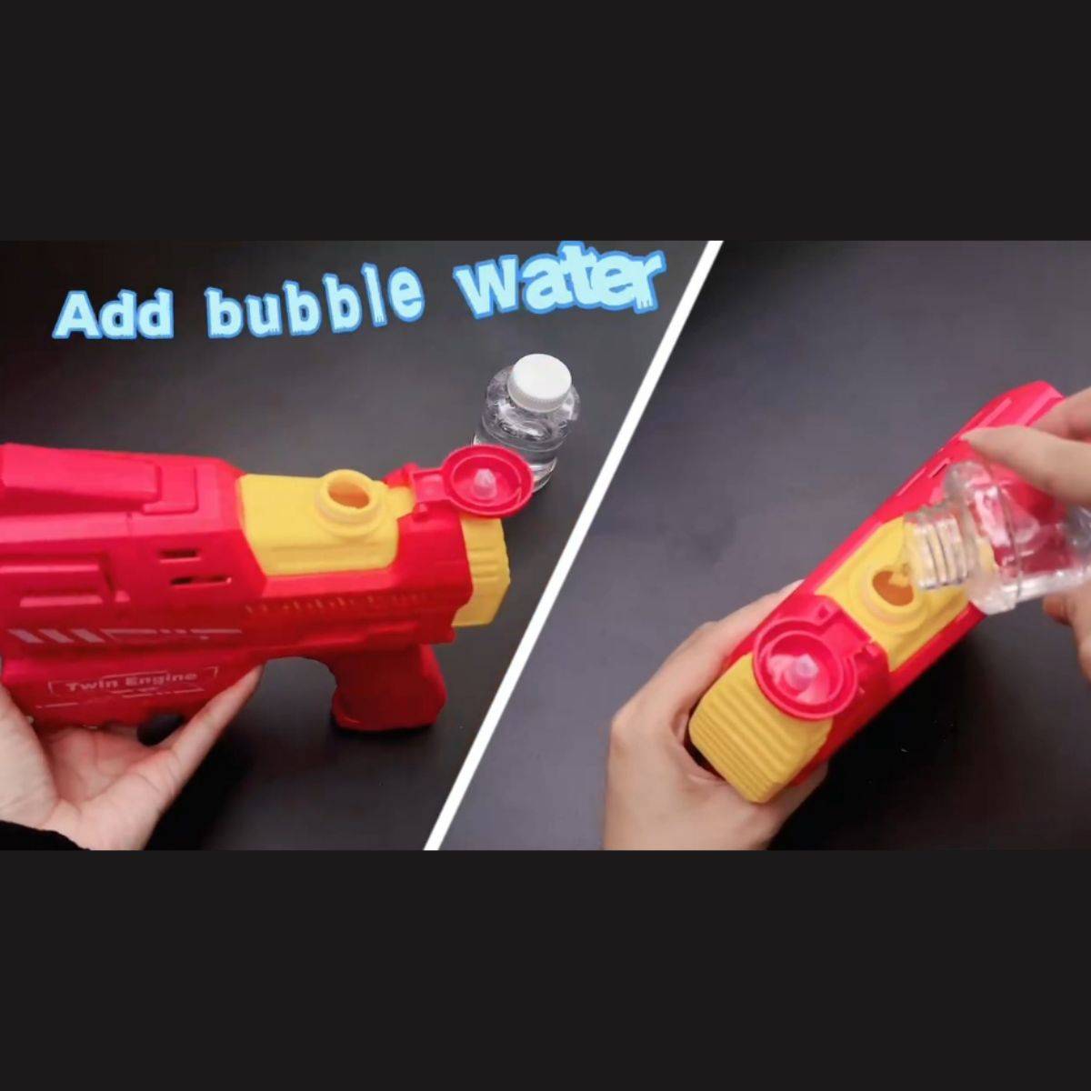 Instructions on adding bubble water to the 20 Holes Automatic Graffiti Bubble Gun for Kids. Simple setup for endless bubble fun.