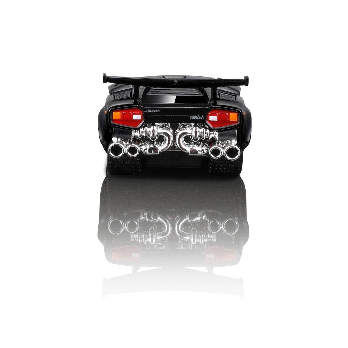 Rear view of the Maisto Muscle Machines Lamborghini Countach diecast model, featuring a large wing and detailed exhaust system.