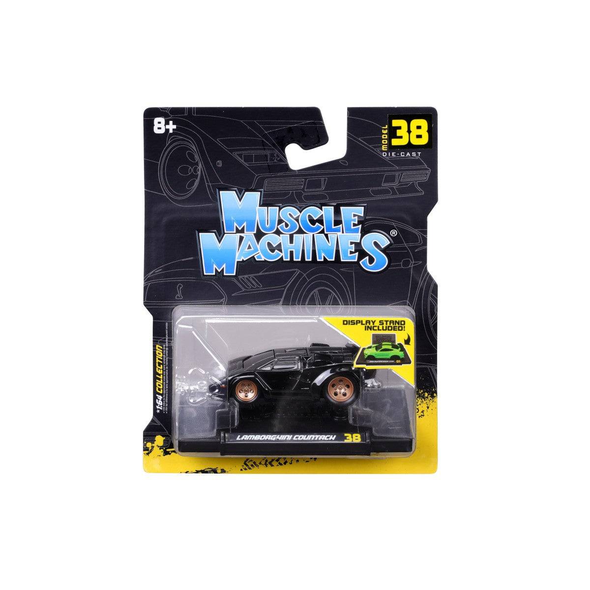 Packaged Maisto Muscle Machines Lamborghini Countach diecast model, featuring a display stand and collector's edition branding.