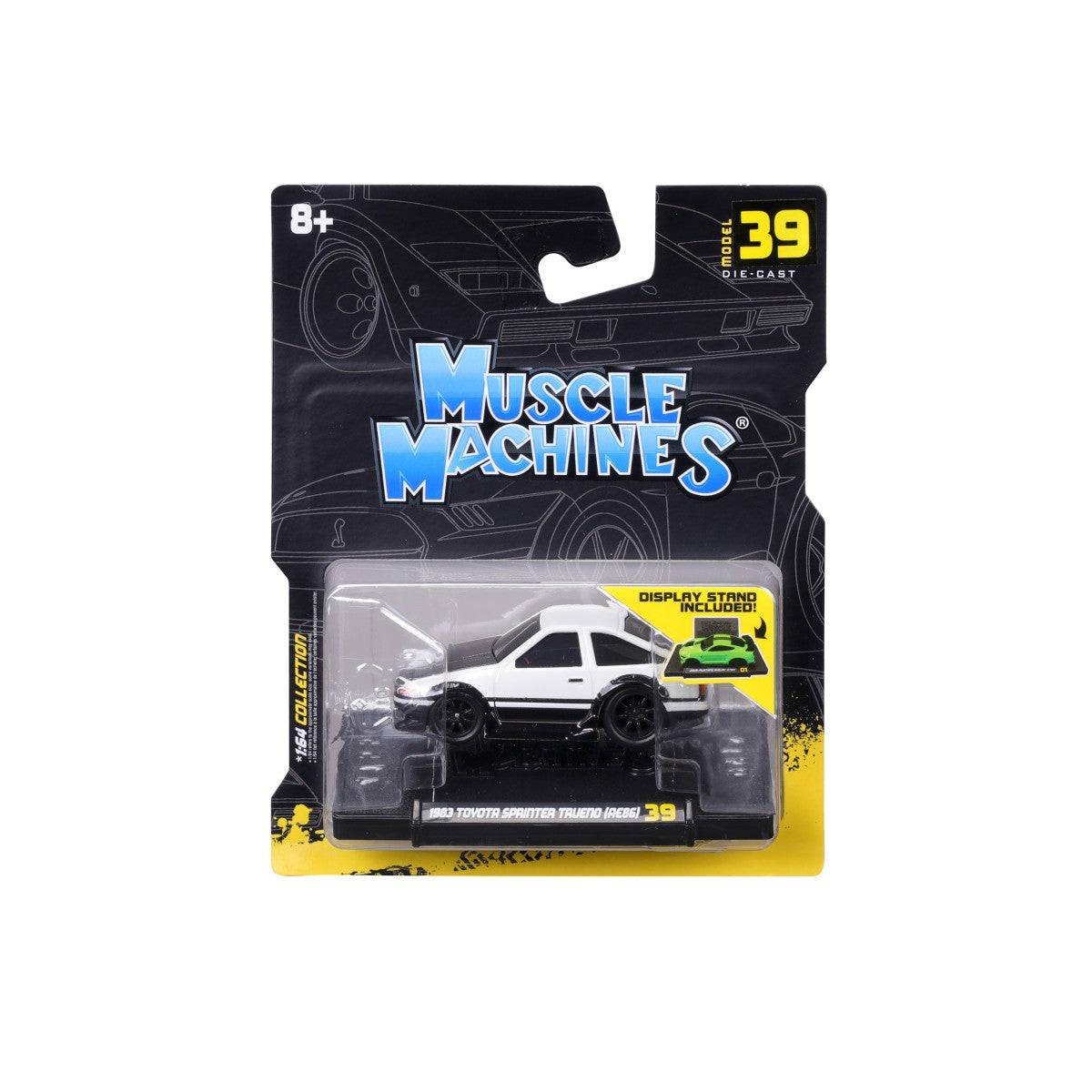 Packaged Maisto Muscle Machines 1983 Toyota Sprinter Trueno AE86 diecast model, featuring a display stand and collector's edition branding.