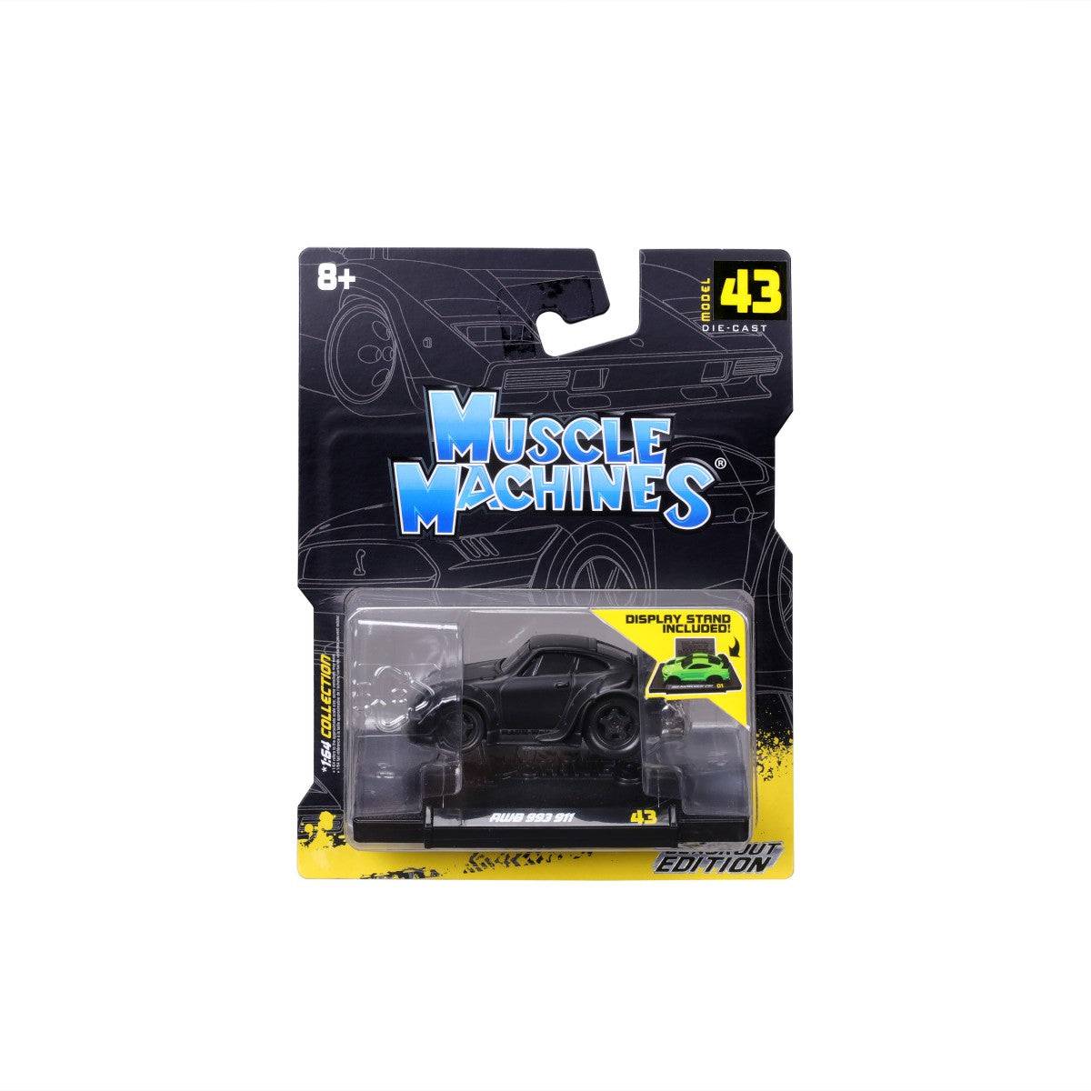 Packaged Maisto Muscle Machines RWB Porsche 993 diecast model, featuring a display stand and collector's edition branding.
