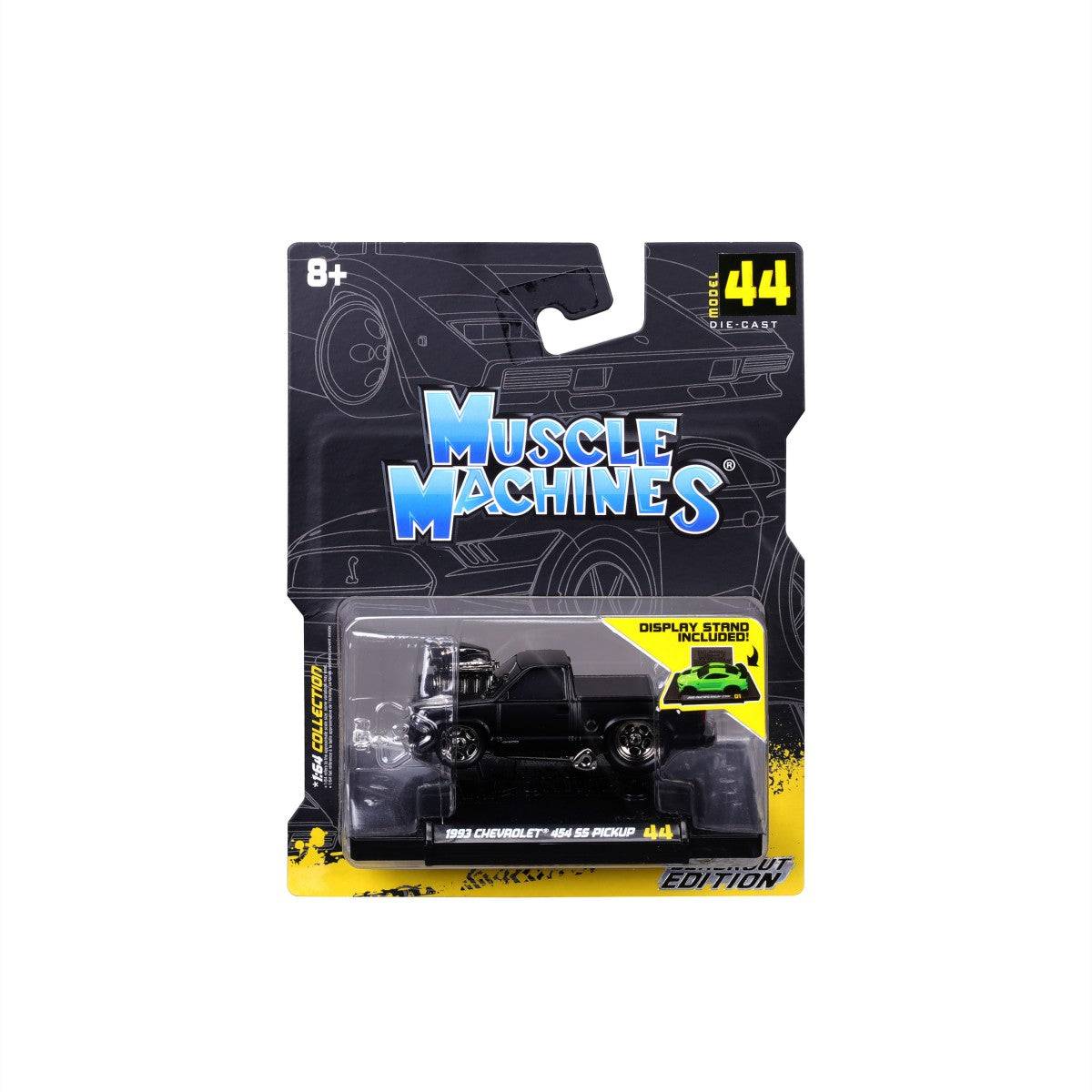 Packaged Maisto Muscle Machines 1993 Chevrolet 454 SS Pickup diecast model, featuring a display stand and collector's edition branding.