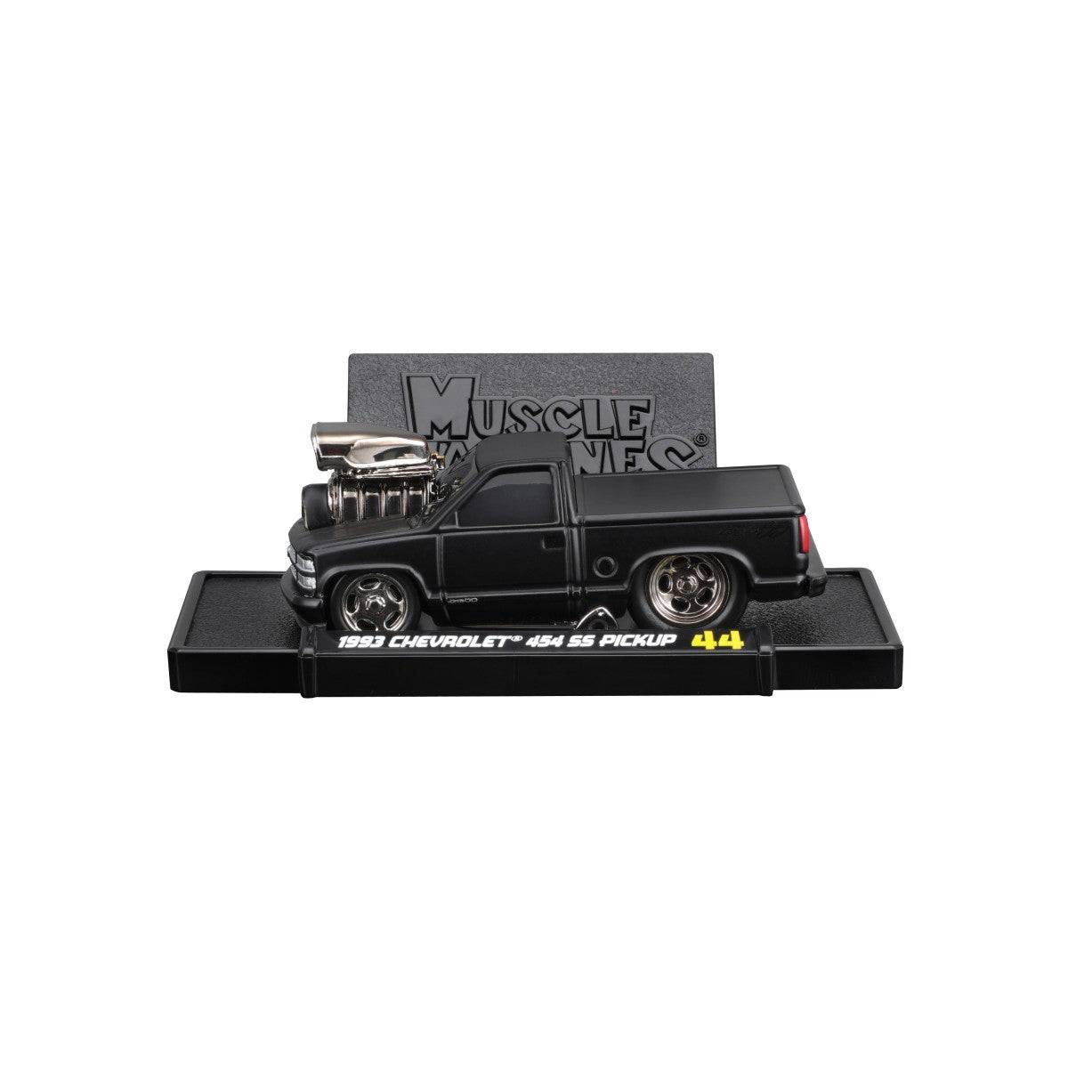 1993 Chevrolet 454 SS Pickup diecast model on a display stand, showcasing its aggressive stance, large engine, and detailed bodywork.