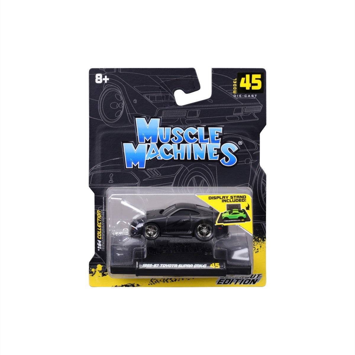 Packaged Maisto Muscle Machines 1993-97 Toyota Supra MK4 diecast model, featuring a display stand and collector's edition branding.