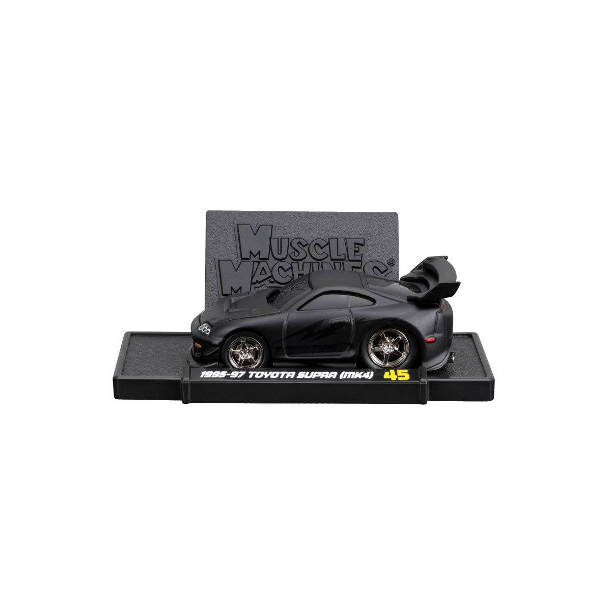 1993-97 Toyota Supra MK4 diecast model on a display stand, showcasing its aggressive stance, large rear wing, and detailed bodywork.