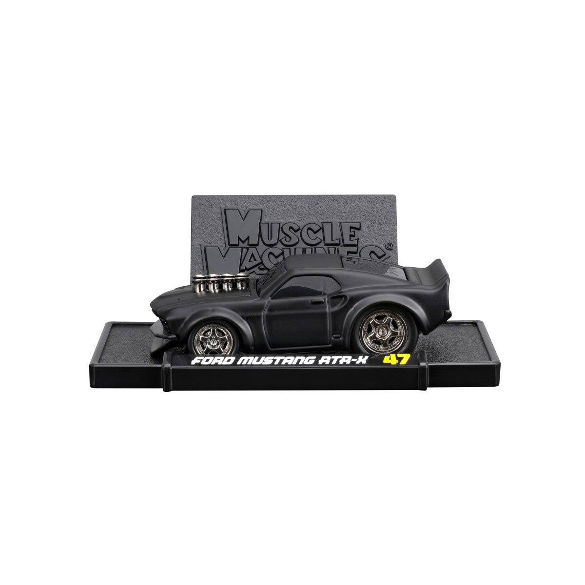 Ford Mustang ATA-X diecast model on a display stand, showcasing its aggressive stance, wide fenders, and exposed engine components.
