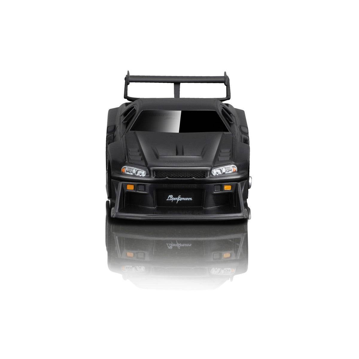 Front view of the Maisto Muscle Machines Liberty Walk Nissan Skyline GT-R R34 diecast model, highlighting its bold grille and aerodynamic design.
