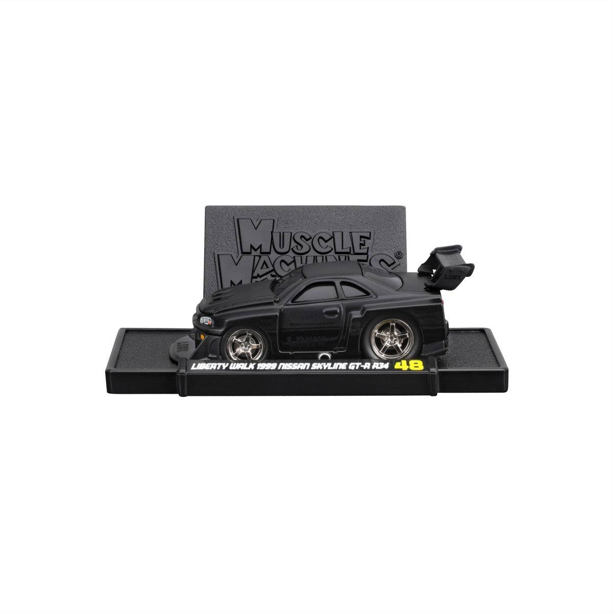 Liberty Walk Nissan Skyline GT-R R34 diecast model on a display stand, showcasing its aggressive widebody design and detailed craftsmanship.