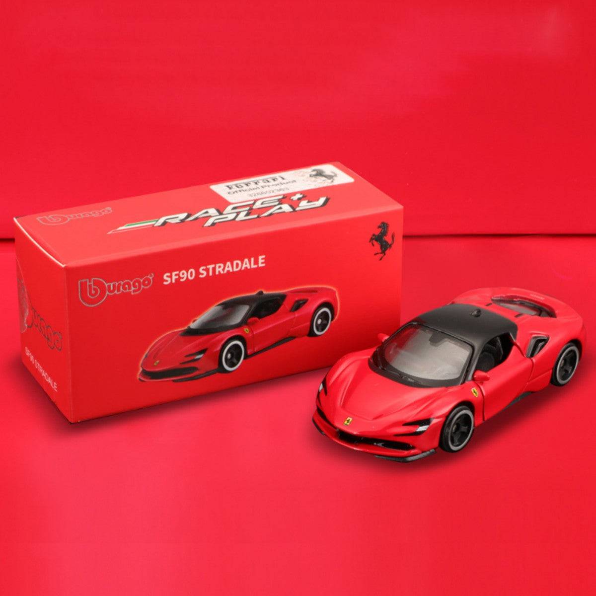 Bburago 1:64 Ferrari SF90 Stradale alloy model car in red with black roof, displayed with red packaging. Perfect for collectors and racing enthusiasts.