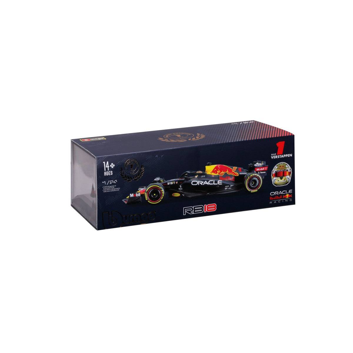 Packaging of Bburago 1:24 F1 Car Model Red Bull Racing RB18 #1 Verstappen, featuring championship branding and premium display box.