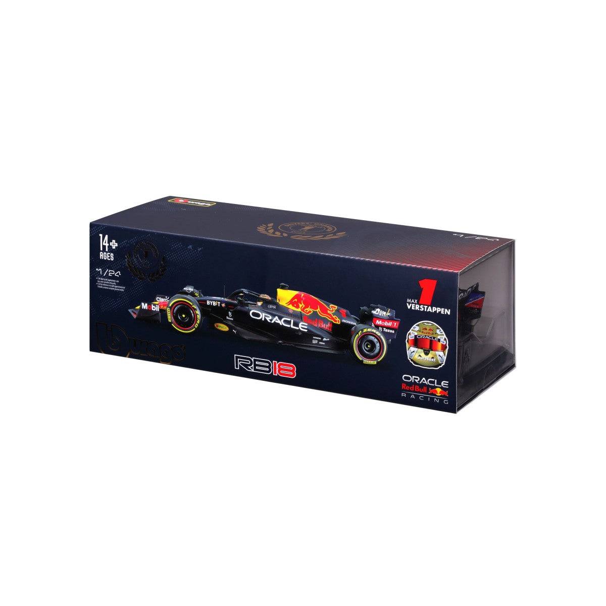 Side packaging view of Bburago 1:24 F1 Car Model Red Bull Racing RB18 #1 Verstappen, highlighting official Red Bull Racing and Verstappen branding.