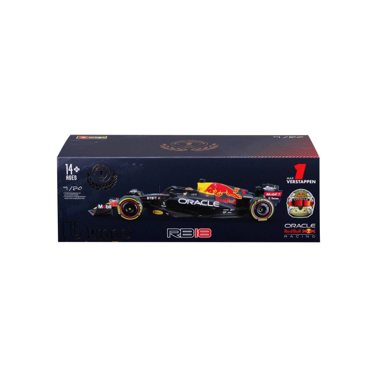 Front packaging view of Bburago 1:24 F1 Car Model Red Bull Racing RB18 #1 Verstappen, showcasing product details and collector’s edition design.