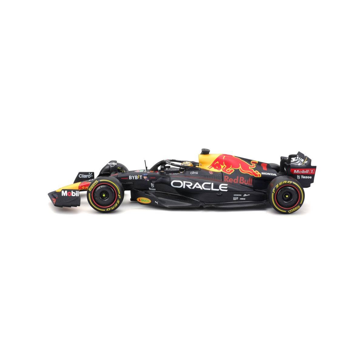 Right side profile of Bburago 1:24 F1 Car Model Red Bull Racing RB18 #1 Verstappen, showcasing sleek aerodynamics and detailed paintwork.