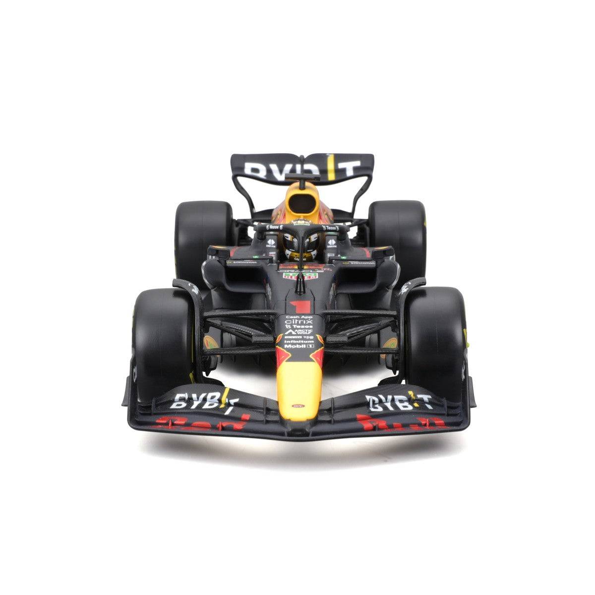 Front view of Bburago 1:24 F1 Car Model Red Bull Racing RB18 #1 Verstappen, displaying aggressive front wing and intricate detailing.