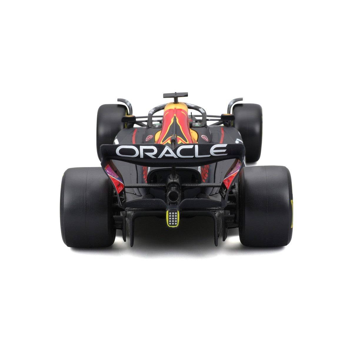 Rear close-up of Bburago 1:24 F1 Car Model Red Bull Racing RB18 #1 Verstappen, showcasing rear wing, exhaust, and Oracle branding.