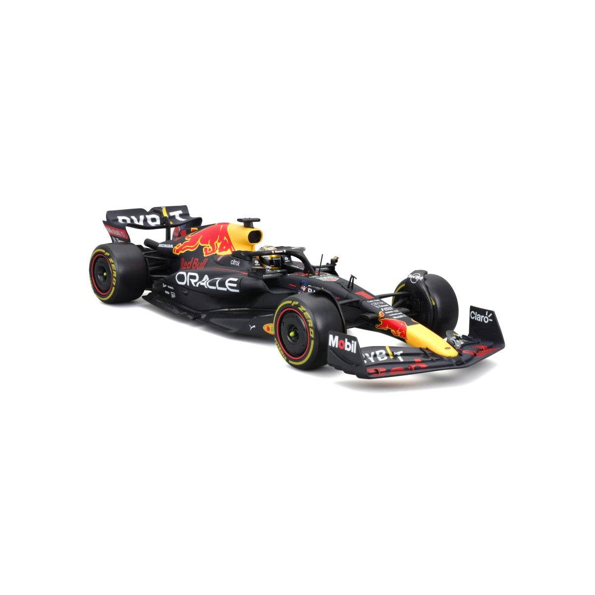 Front-right angle of Bburago 1:24 F1 Car Model Red Bull Racing RB18 #1 Verstappen, emphasizing aggressive aerodynamics and race-ready stance.