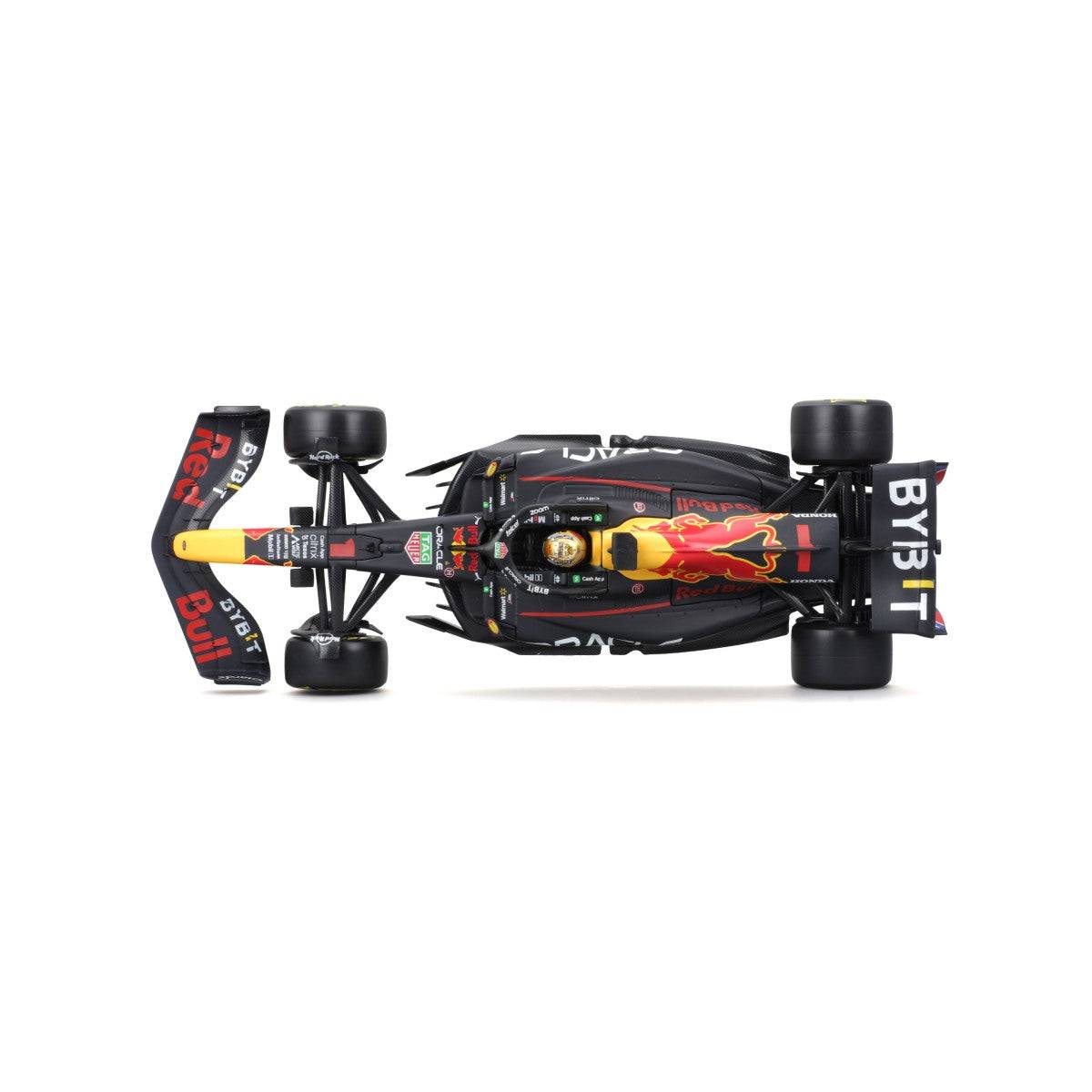 Top-down view of Bburago 1:24 F1 Car Model Red Bull Racing RB18 #1 Verstappen, highlighting cockpit details and Red Bull Racing livery.