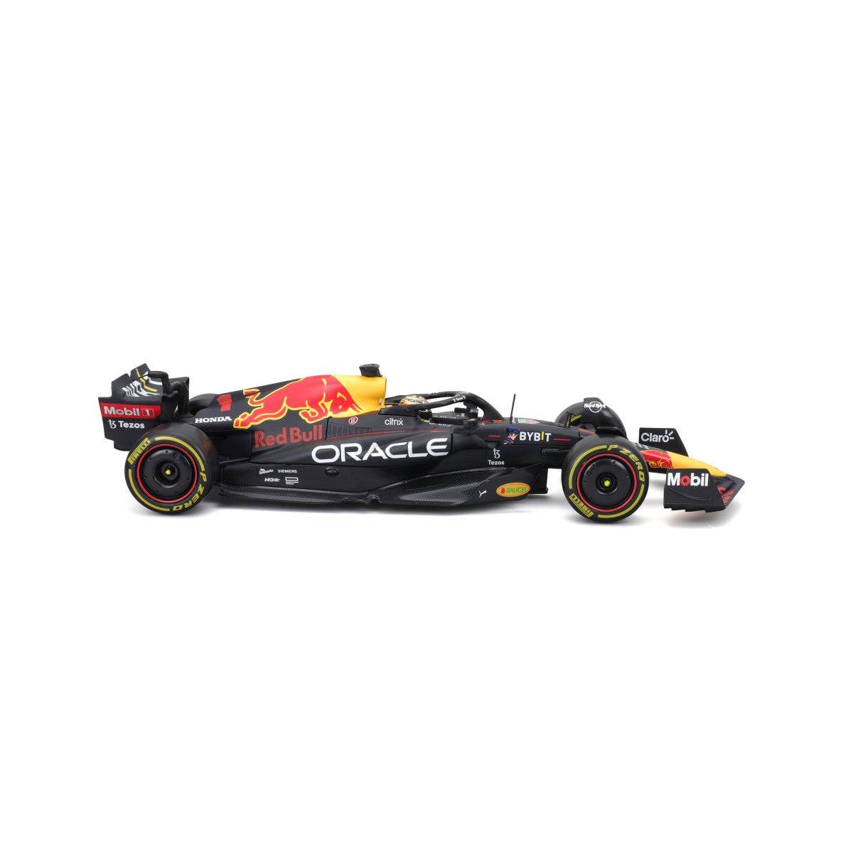 Left side profile of Bburago 1:24 F1 Car Model Red Bull Racing RB18 #1 Verstappen, featuring authentic sponsor logos and championship-winning design.