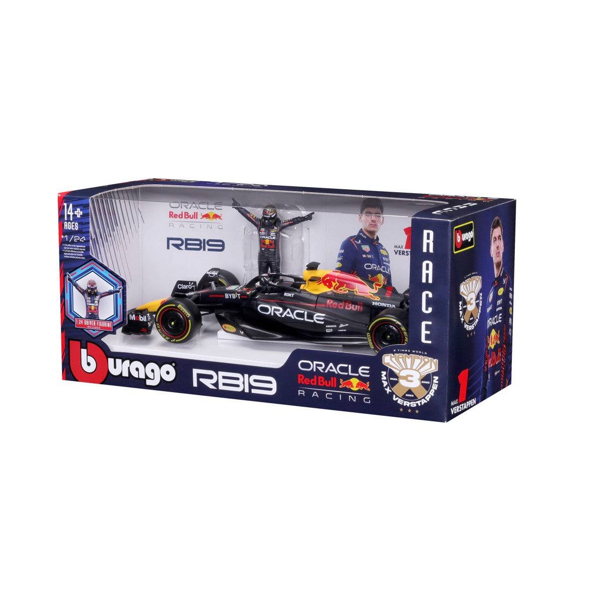 Packaged Bburago 1:24 F1 Car Model Red Bull Racing RB19 #1 Max Verstappen with figurine, ideal for collectors and fans.
