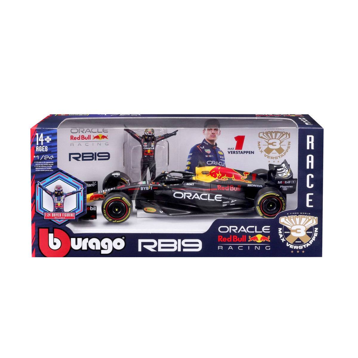 Front view of boxed Bburago 1:24 F1 Car Model Red Bull Racing RB19 #1 Max Verstappen, featuring branding and figurine.