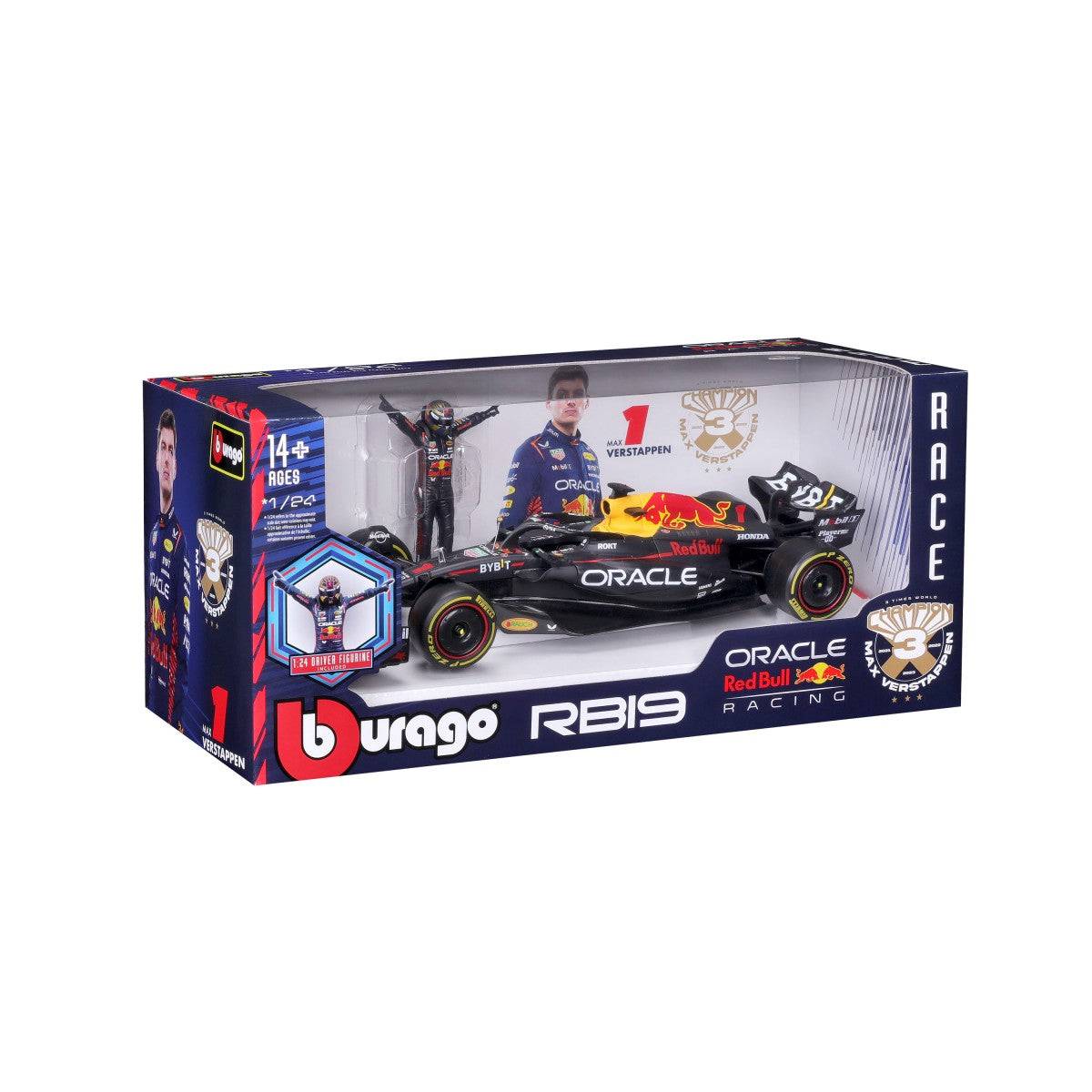 Angled packaging view of Bburago 1:24 F1 Car Model Red Bull Racing RB19 #1 Max Verstappen, showcasing collectible display box.