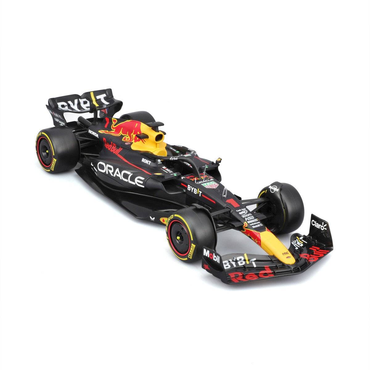 Angled front-right perspective of Bburago 1:24 F1 Car Model Red Bull Racing RB19 #1 Max Verstappen, emphasizing its precision and design.