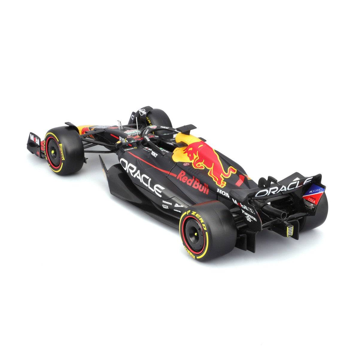 Rear-left view of Bburago 1:24 F1 Car Model Red Bull Racing RB19 #1 Max Verstappen, showcasing rear wing and tire details.