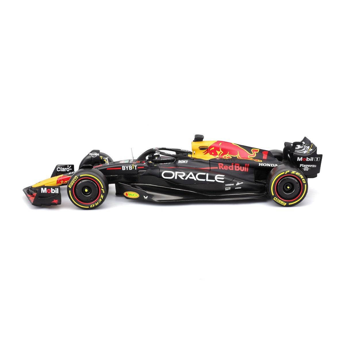 Side profile of Bburago 1:24 F1 Car Model Red Bull Racing RB19 #1 Max Verstappen, featuring Red Bull and Oracle sponsorships.