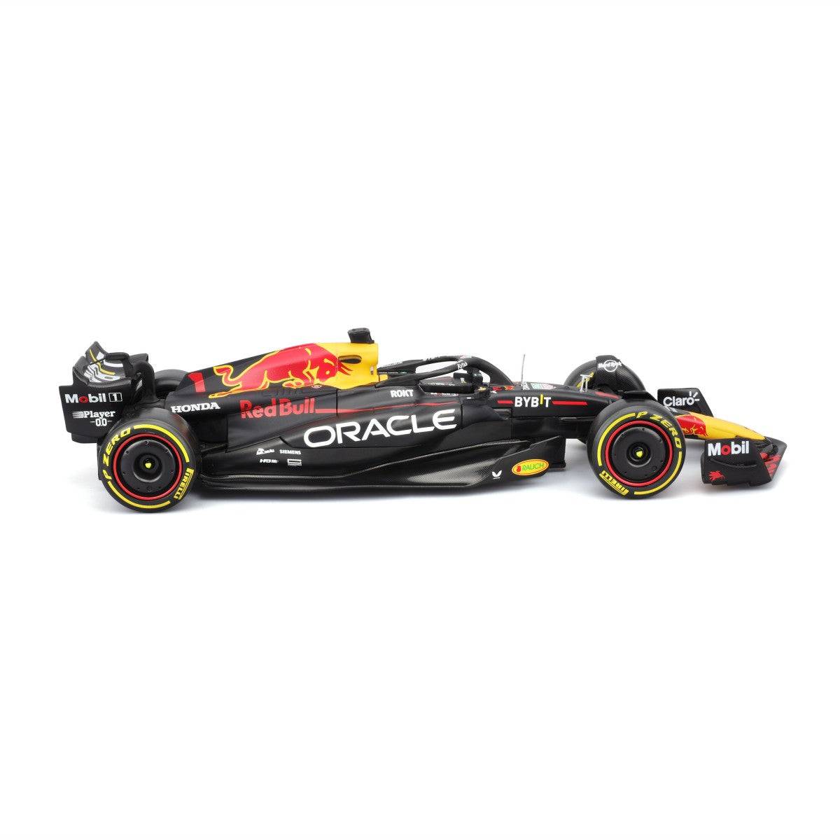 Left side view of Bburago 1:24 F1 Car Model Red Bull Racing RB19 #1 Max Verstappen, displaying intricate livery and tire details.
