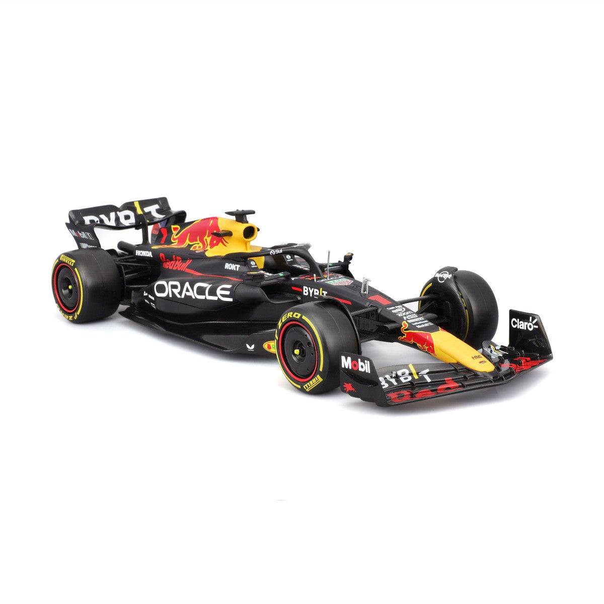 Angled front-left view of Bburago 1:24 F1 Car Model Red Bull Racing RB19 #1 Max Verstappen, emphasizing its sleek and detailed design.