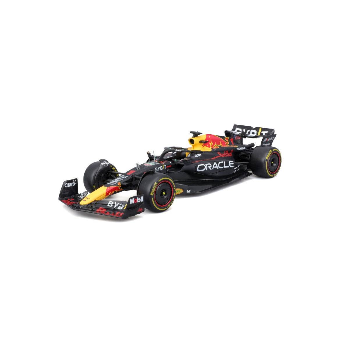 Angled front-right view of Bburago 1:24 F1 Car Model Red Bull Racing RB19 #1 Max Verstappen, showcasing aerodynamic elements and sponsor logos.