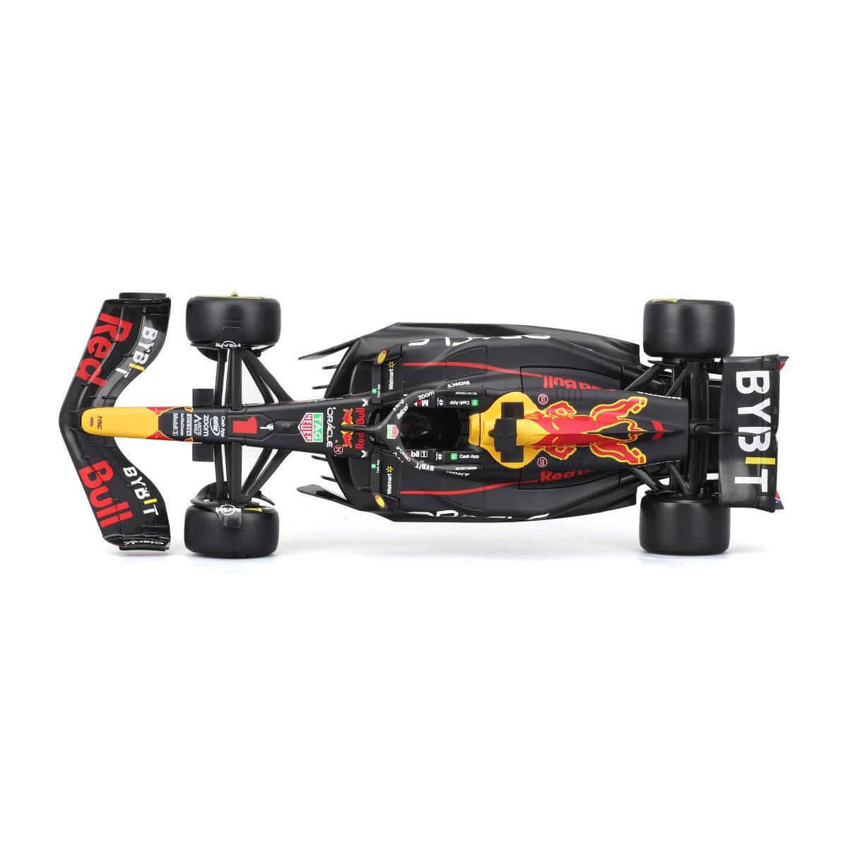 Top-down view of Bburago 1:24 F1 Car Model Red Bull Racing RB19 #1 Max Verstappen, highlighting the Red Bull livery and cockpit details.