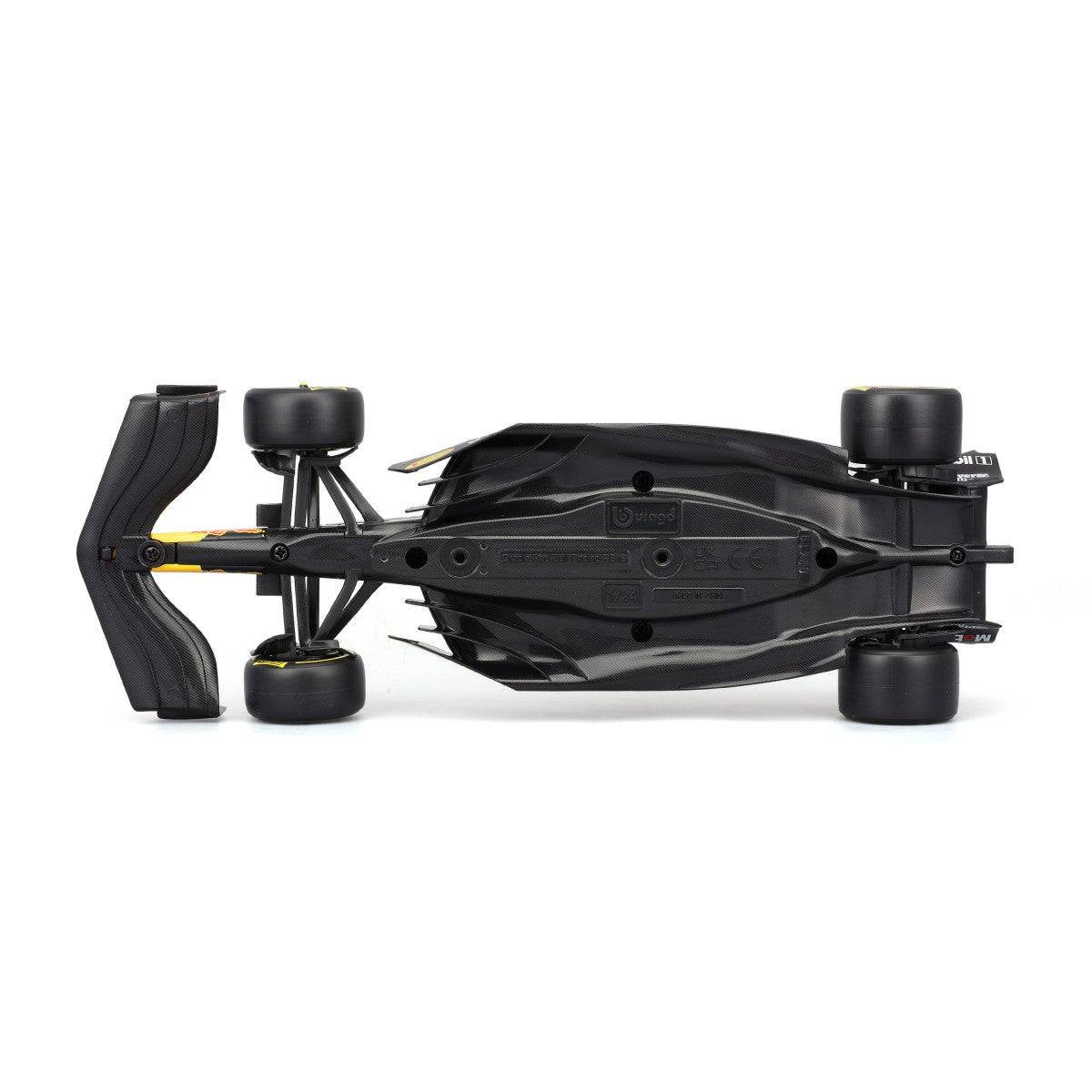 Underside view of Bburago 1:24 F1 Car Model Red Bull Racing RB19 #1 Max Verstappen, showing chassis details and aerodynamic components.