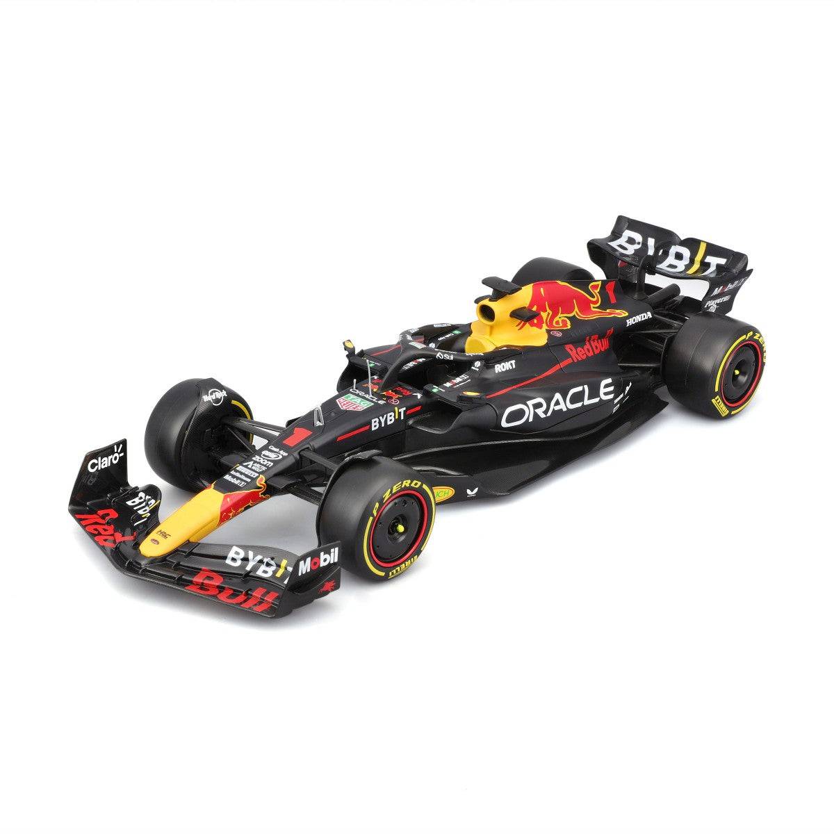 Angled front-left perspective of Bburago 1:24 F1 Car Model Red Bull Racing RB19 #1 Max Verstappen, featuring realistic detailing.
