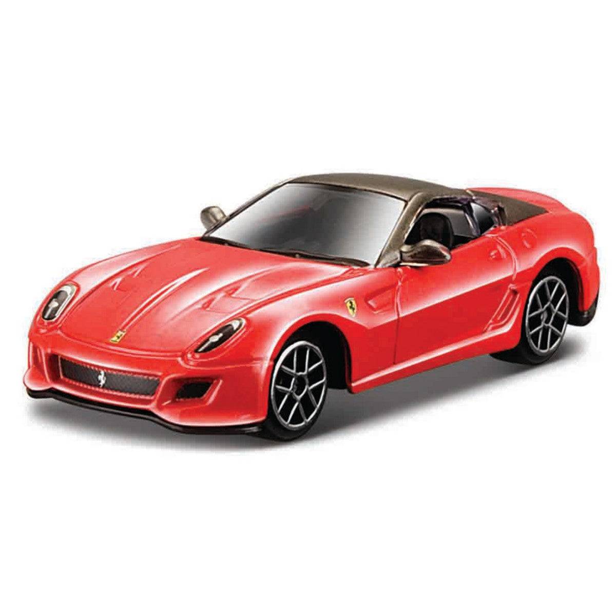 Bburago 1:64 Ferrari 599 GTO alloy model car in red with black roof. A highly detailed collectible toy car for Ferrari lovers and collectors.