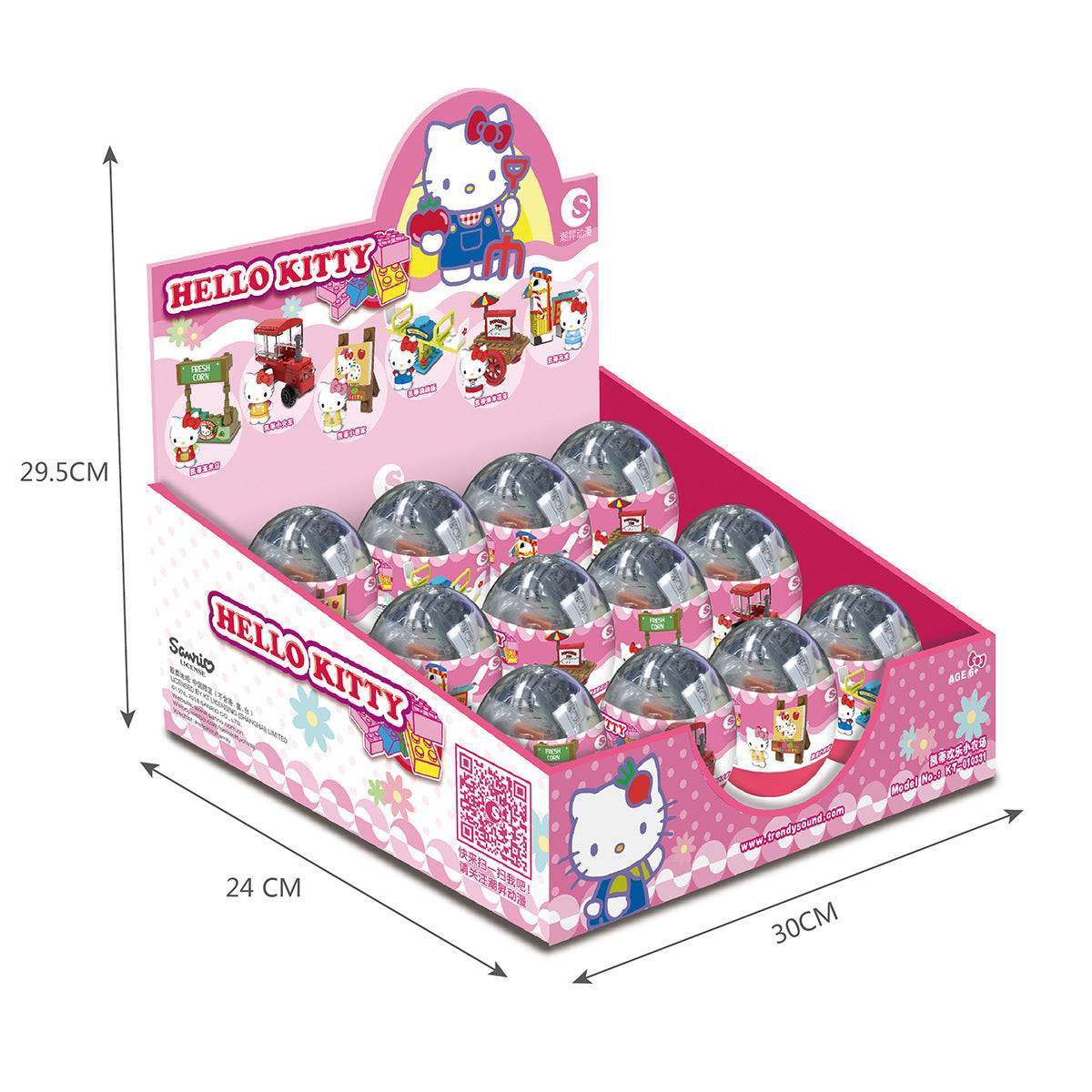 Hello Kitty Happy Small Farm Capsule Toys display box containing 144 pieces of surprise blind box toys, each with a unique farm-themed Hello Kitty building set.