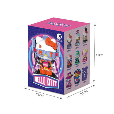 Hello Kitty Time Travel Building Blocks Blind Box packaging with dimensions. Mystery collectible toy with various Hello Kitty designs.