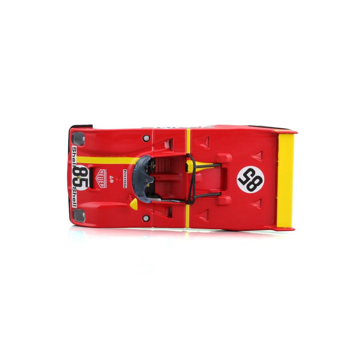 Top-down view of Bburago 1:43 Ferrari 312 P 1972 alloy model car highlighting cockpit details, aerodynamic shape, and racing livery for collectors.