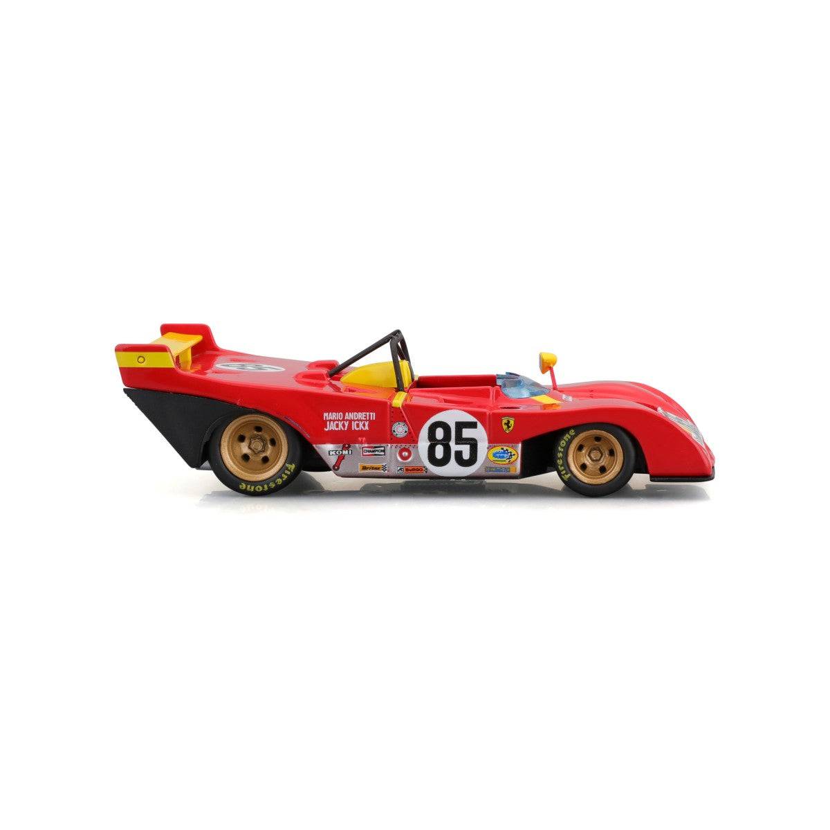 Profile shot of Bburago 1:43 Ferrari 312 P 1972 alloy model car with sleek red body, Ferrari logo, and racing number 85, ideal for display.
