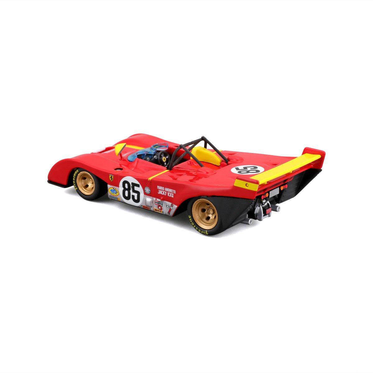 Rear view of Bburago 1:43 Ferrari 312 P 1972 alloy model car showcasing aerodynamic design, exhaust details, and sponsor decals for racing enthusiasts.