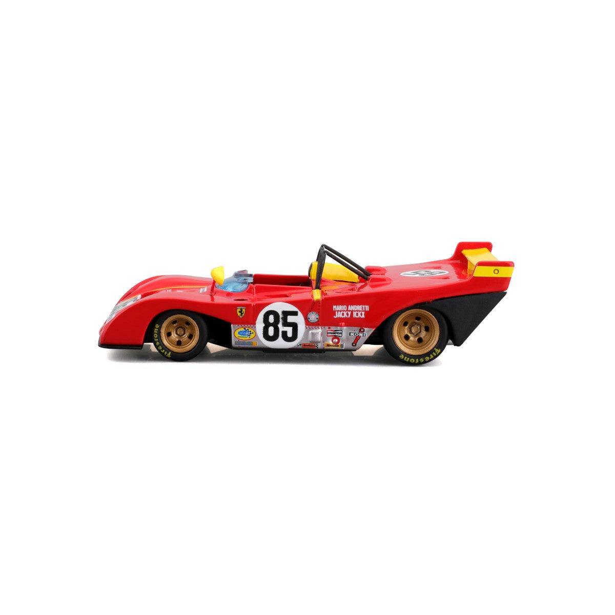 Left-side view of Bburago 1:43 Ferrari 312 P 1972 alloy model car featuring gold wheels, Ferrari emblem, and detailed racing graphics for enthusiasts.