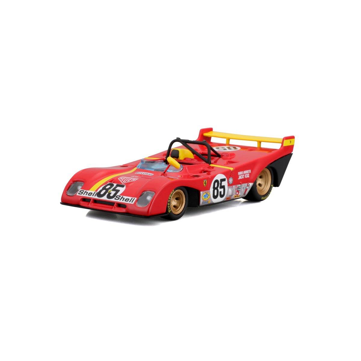 Angled shot of Bburago 1:43 Ferrari 312 P 1972 alloy model car displaying sleek design, roll cage, and authentic racing livery for collectors.