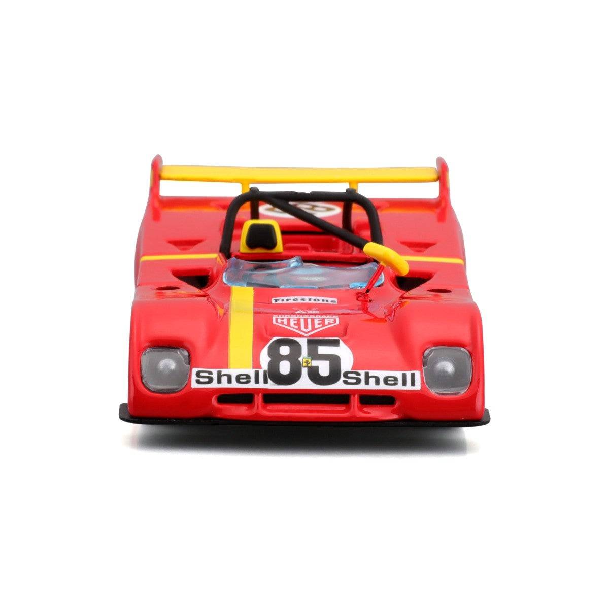 Front view of Bburago 1:43 Ferrari 312 P 1972 alloy model car with bold racing decals, Shell sponsorship, and aerodynamic headlights for realism.
