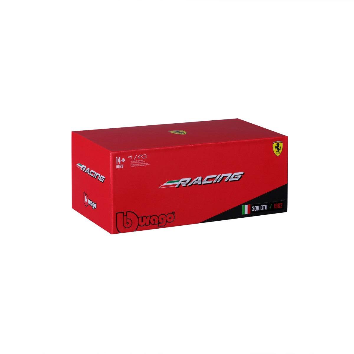Bburago 1:43 Ferrari 308 GTB 1982 model car packaging in red with Ferrari and Racing branding, ideal for collectors.