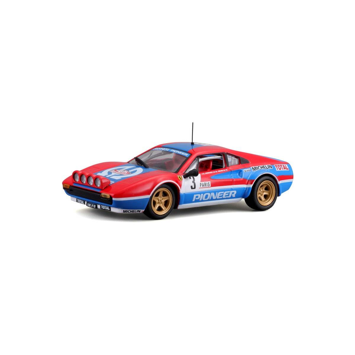 Angled rear view of Bburago 1:43 Ferrari 308 GTB 1982 model car showcasing aerodynamic design, sponsor decals, and taillight details.