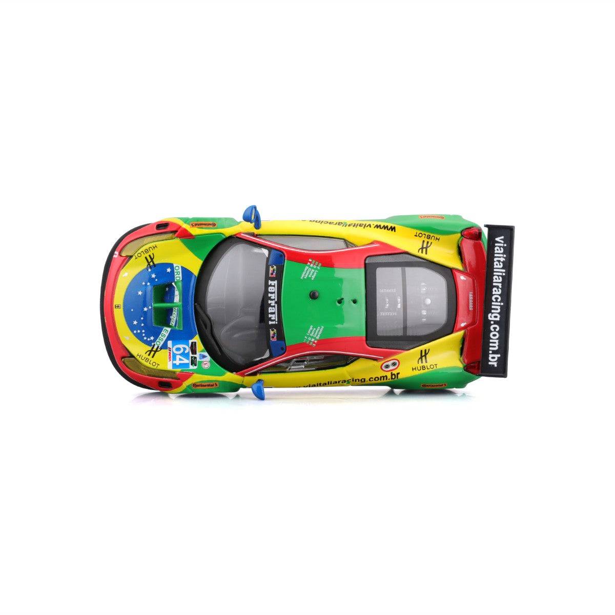 Top-down view of Bburago 1:43 Ferrari 458 Italia GT3 2015 model car, showcasing roof details, sponsor logos, and aerodynamic design.