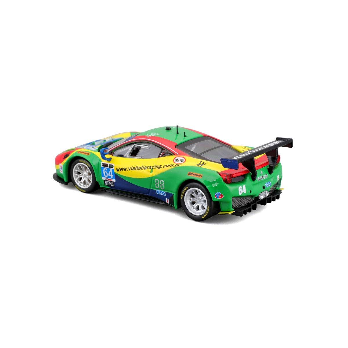 Rear angle of Bburago 1:43 Ferrari 458 Italia GT3 2015 model car, highlighting the large rear wing, exhaust details, and sponsor logos.