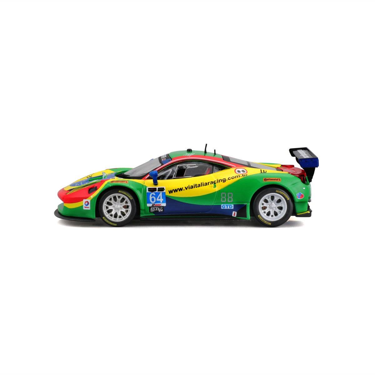 Profile view of Bburago 1:43 Ferrari 458 Italia GT3 2015 model car, displaying sleek body lines, racing decals, and realistic wheels.
