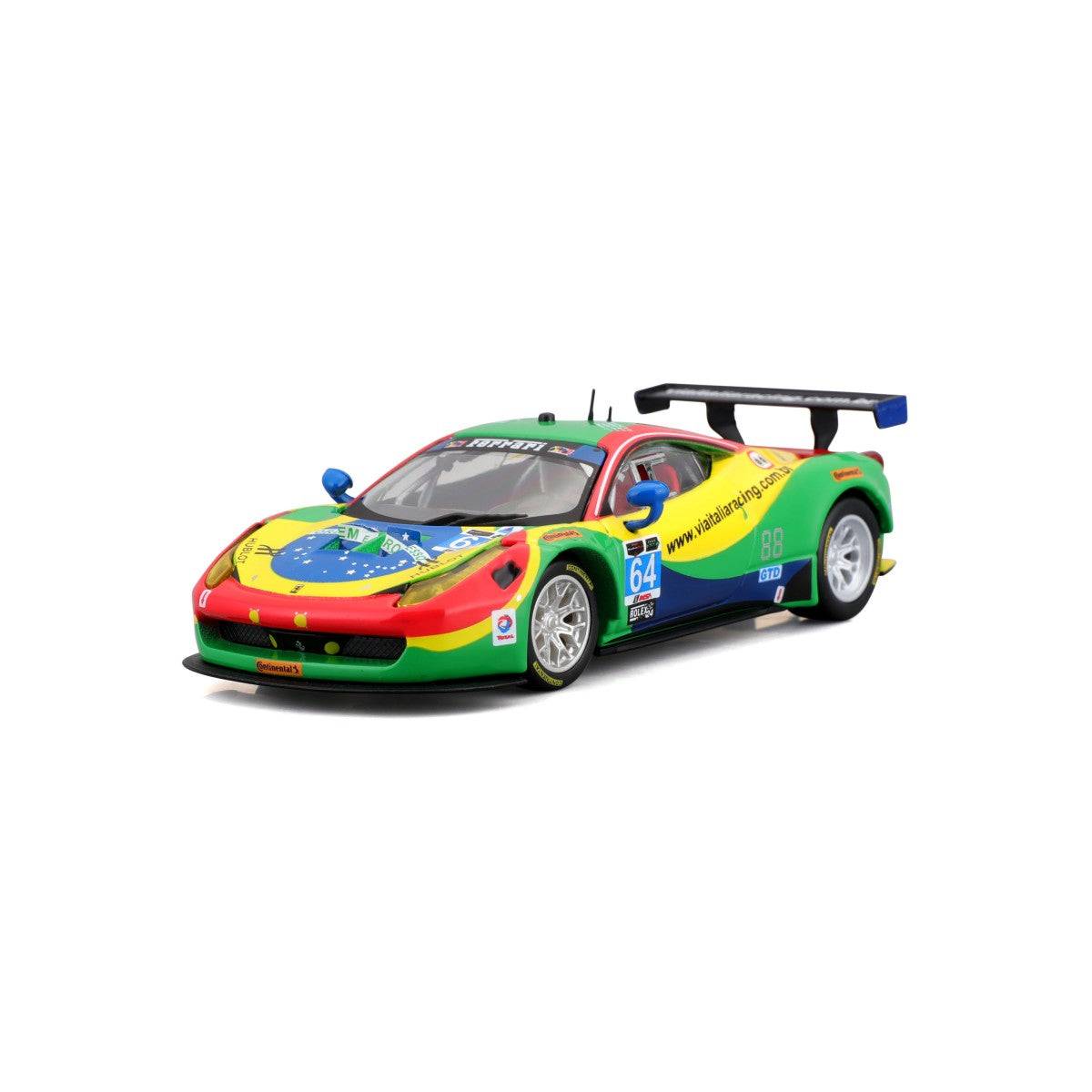 Front three-quarter view of Bburago 1:43 Ferrari 458 Italia GT3 2015 model car, featuring detailed headlights and Brazilian flag design.